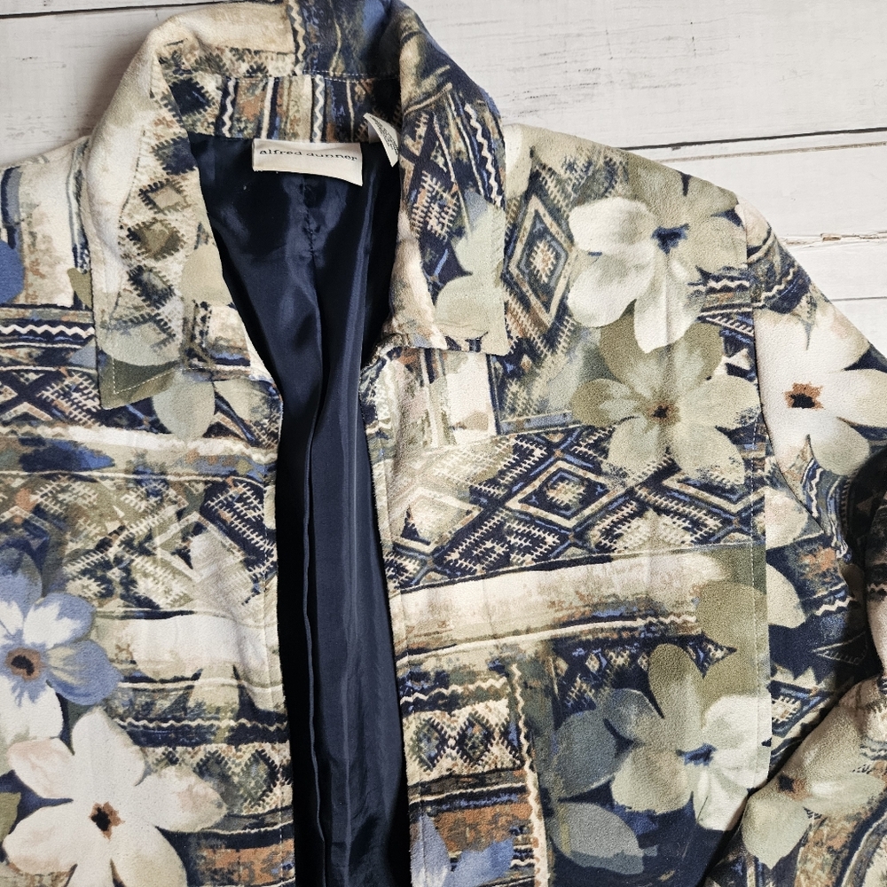 Alfred Dunner Womens Size 8 Floral Patchwork 3/4 Sleeve Blazer Jacket Blue Beige